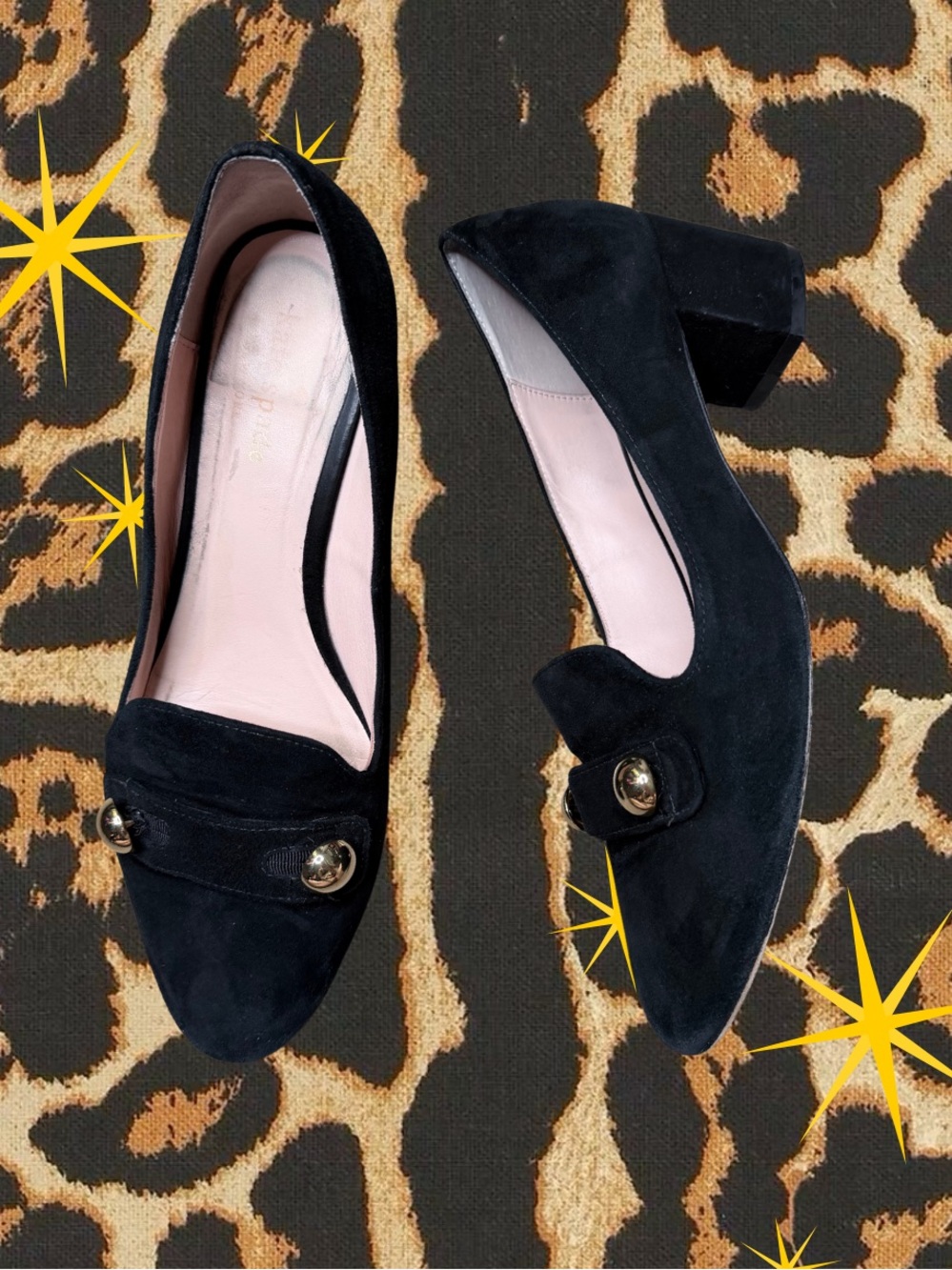 KATE SPADE NY | Helena Black Suede Block Heel Pumps Gold Button Loafers | Sz 8.5